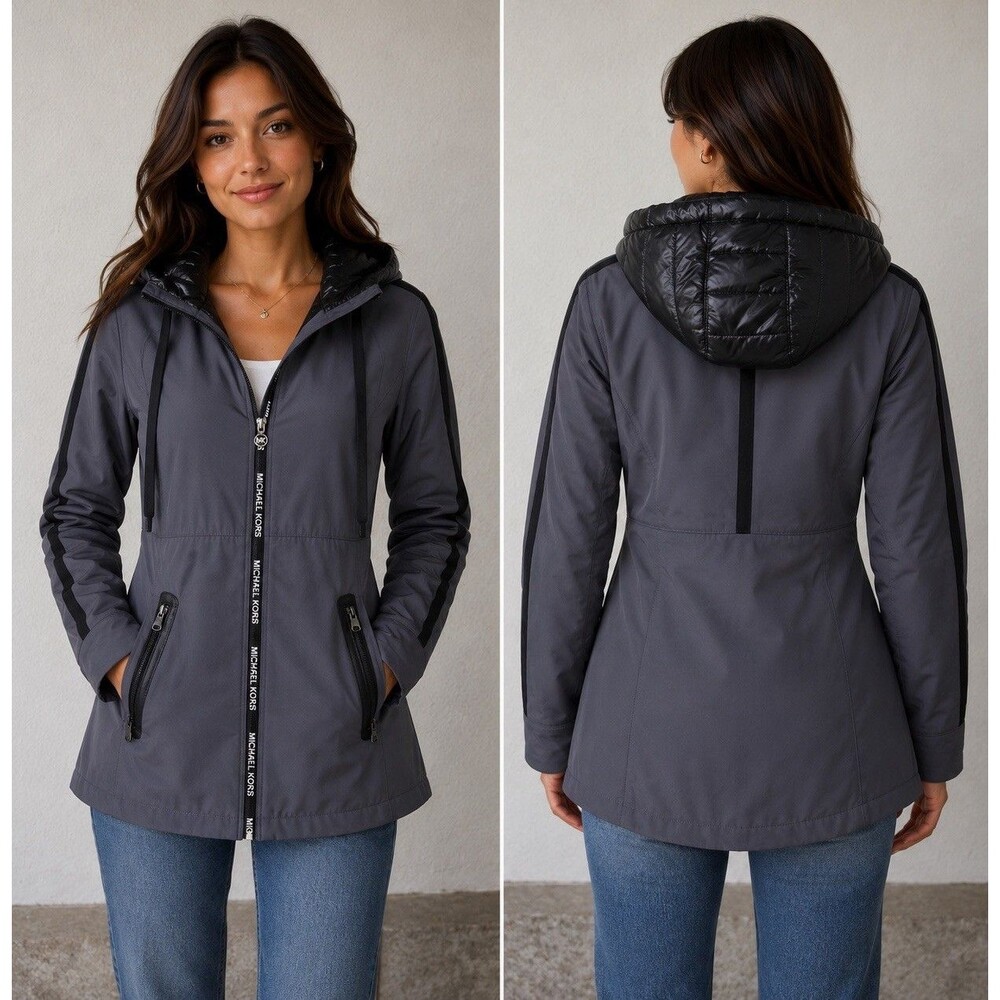 Michael Kors Jackets Womens XS Gray Black High Low Hooded Fleece Inside Full Zip
